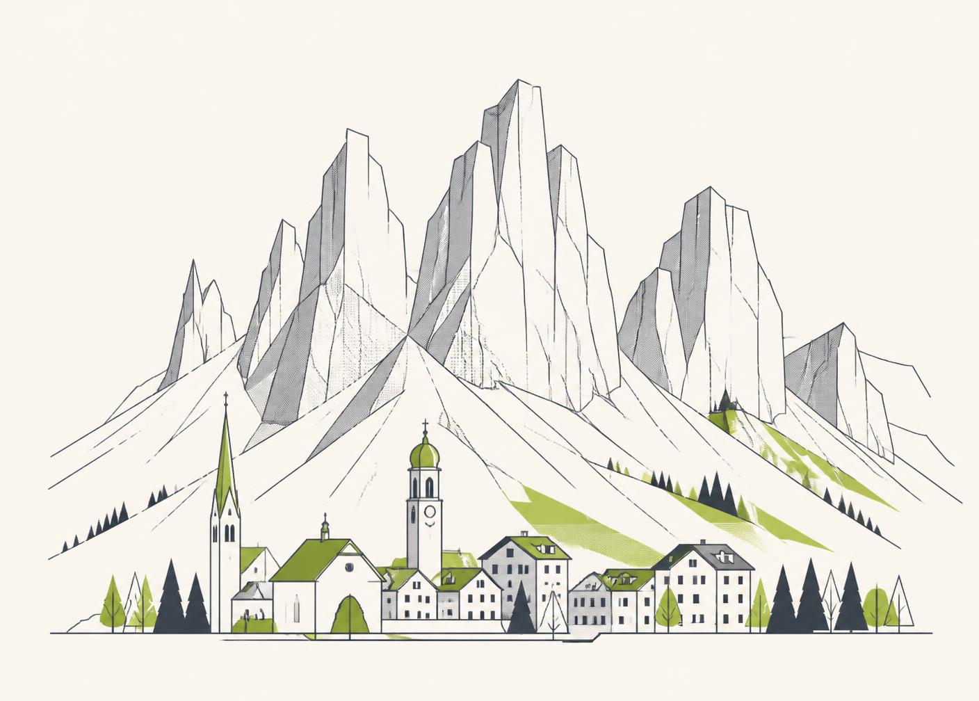 Illustrazione stilizzata delle Dolomiti e della città di Trento
